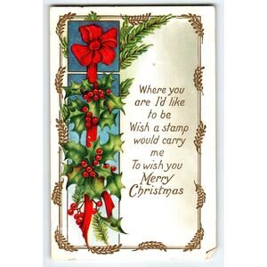Vintage 1914 Christmas Postcard with Holly & Red Bow Holiday Greeting